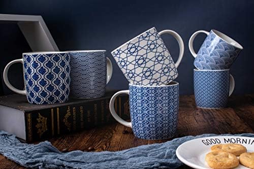 Set of 6 Coffee Mugs 340 ML/11.5 oz with Blue and White Geometric Patterns, Ceramic Tea Cup Set 6 Pack (Blue Mug Set of 6)