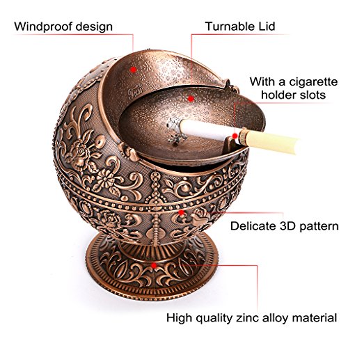 BSTKY Windbestendige vintage asbak met deksel – klassiek burgenpatroon, tafelasbak, voor binnen en buiten, retro, voor thuis, kantoor, als decoratie roodbrons - Image 5