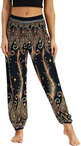 Nuofengkudu Women's Hippie Thai Trousers Boho Vintage Patterned Smocked Waist with Pockets Lightweight Yoga Pants