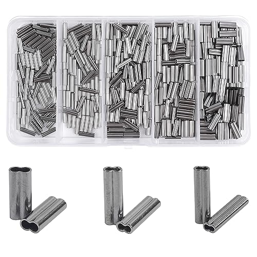 FUSIGO Double Barrel Crimp Sleeve Kit, Wire Leader Rigging Crimping Loop Sleeves Assortment Copper Tube Fishing Line Connector Tackle Kit (300pcs-0.8mm+1.2mm+1.8mm)