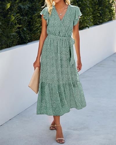Image of BTFBM Women Summer Bohemian Floral Casual Wrap V Neck Ruffle Cap Sleeveless Belt A-Line Pleated Hem Midi Sun Dress White