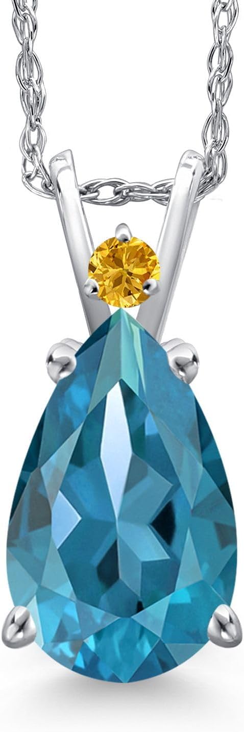 Gem Stone King 14K White Gold London Blue Topaz and Yellow Created Sapphire Pendant Necklace for Women | 3.40 Cttw | Gemstone November Birthstone | Pear Shape 12X8MM | With 18 Inch Chain