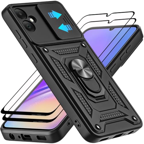 AKINIK for Samsung Galaxy A05 Case, with Tempered Glass Screen Protector [2 Pcs] & Slide Camera Cover, 360°Rotation Ring Kickstand [Military Grade] Case (Black)