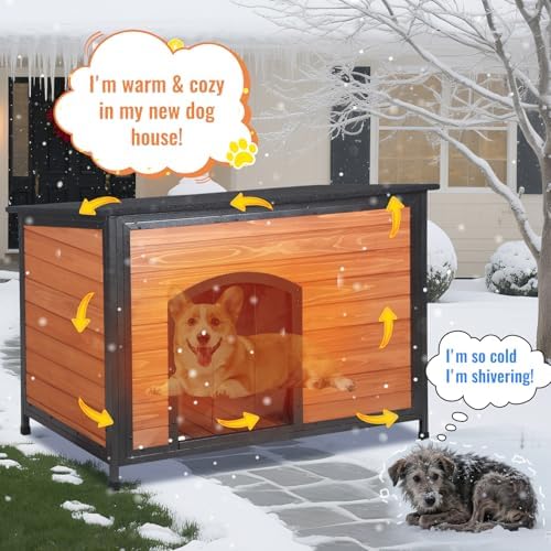 Insulated Outdoor Wooden Dog House, Weatherproof Chew Resistant Metal Frame Alternate view