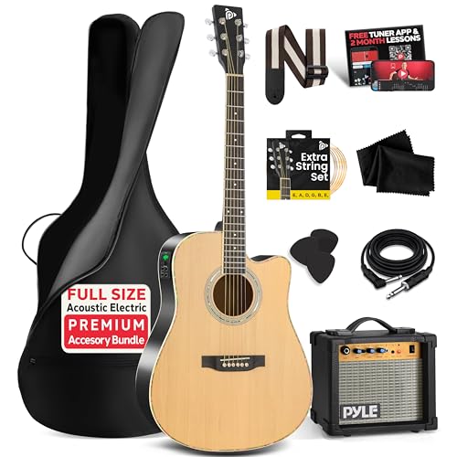 Pyle Cutaway Acoustic Electric Guitar and Amp Kit, 4/4 Full Size Spruce Wood Body with 10W Amplifier, Gig Bag, Strap, Extra Steel Strings, Picks, Cable, for Beginners and Adults, Natural
