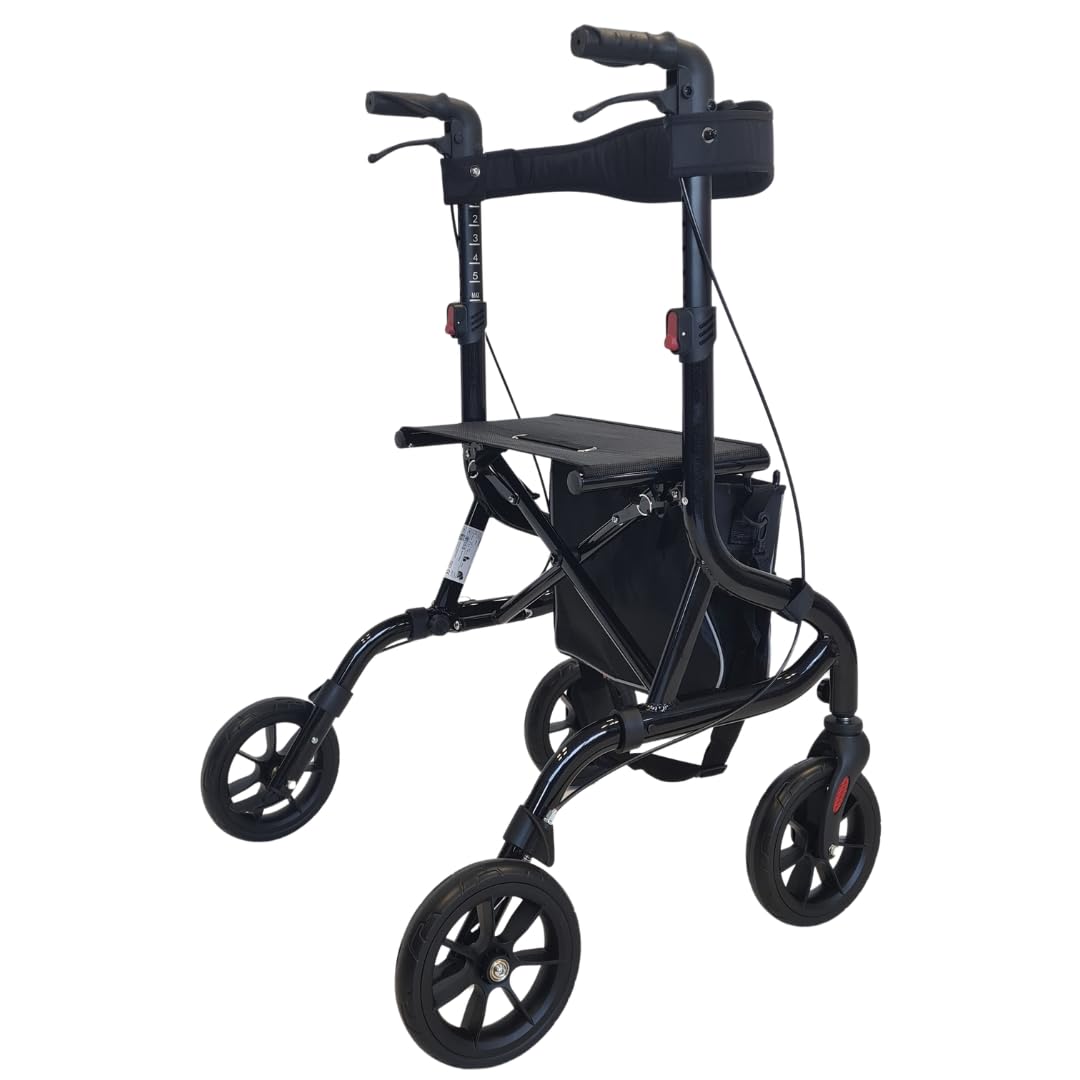 abc HOME Ultra-Leichtgewicht Rollator 6 kg – Aluminium Gehwagen klappbar bis 130 kg – Reise-Rollator mit Ankipphilfe, Sitz & Tasche – 5-fach höhenverstellbar – Schwarz (Nobles Schwarz)