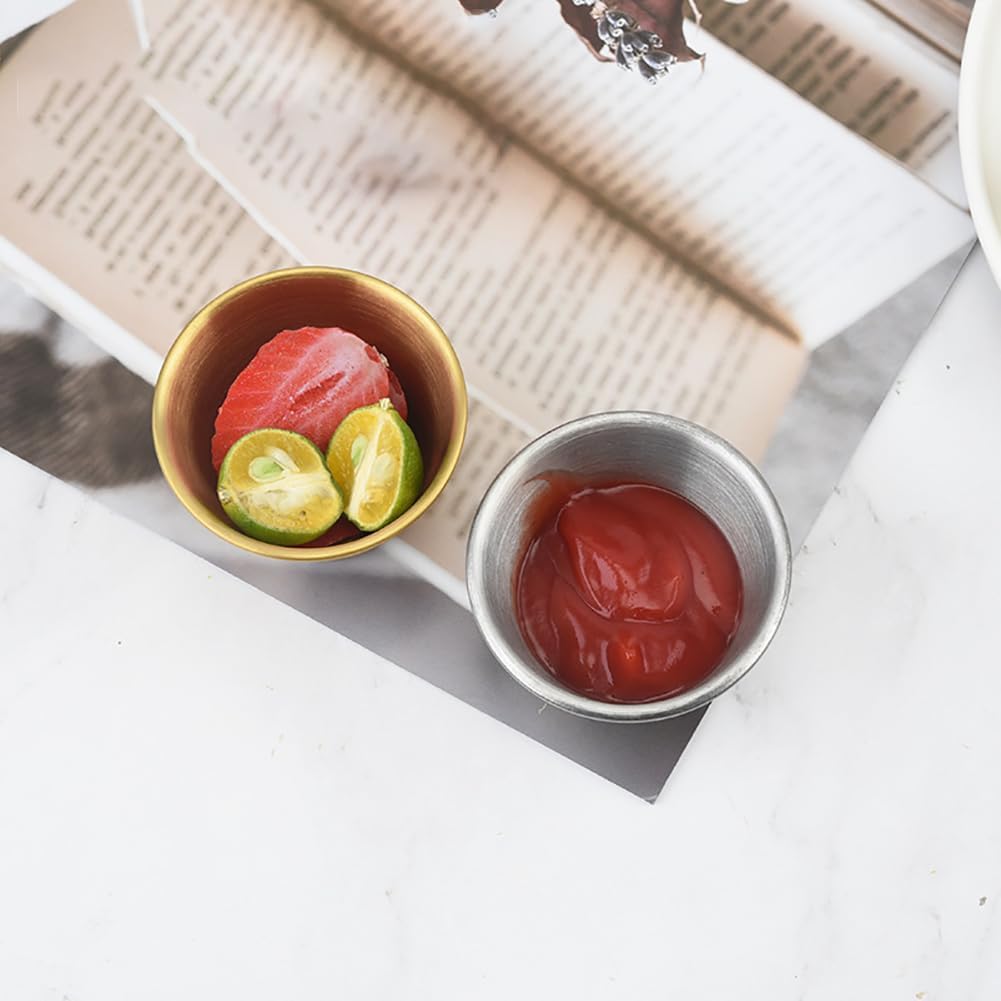 GSHLLO 2 Pcs Stainless Steel Sauce Cups Metal Condiment Ramekins Small Seasoning Sauce Bowls Round Dipping Containers Restaurant Yogurt Dishes for Kitchen Hotel
