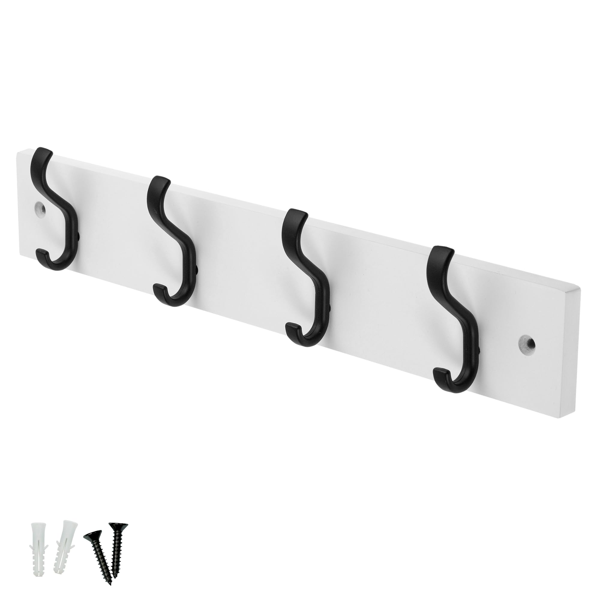 Keypak Matte Black/White Minimalistic Wall-Mounted Coat Rack – 4 Hooks On Stylish Modern Wooden Base For Wall & Door – 38Cm – All Fixings Included ()