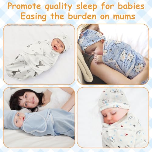 Image of Ramede 6 Pack Swaddle Blanket with Hats for Baby Girl Boy 100% Cotton Swaddles 0-3 Months, Adjustable Breathable Skin Friendly Receiving Blanket Wrap, Essential for Newborns(Heart,Blue)