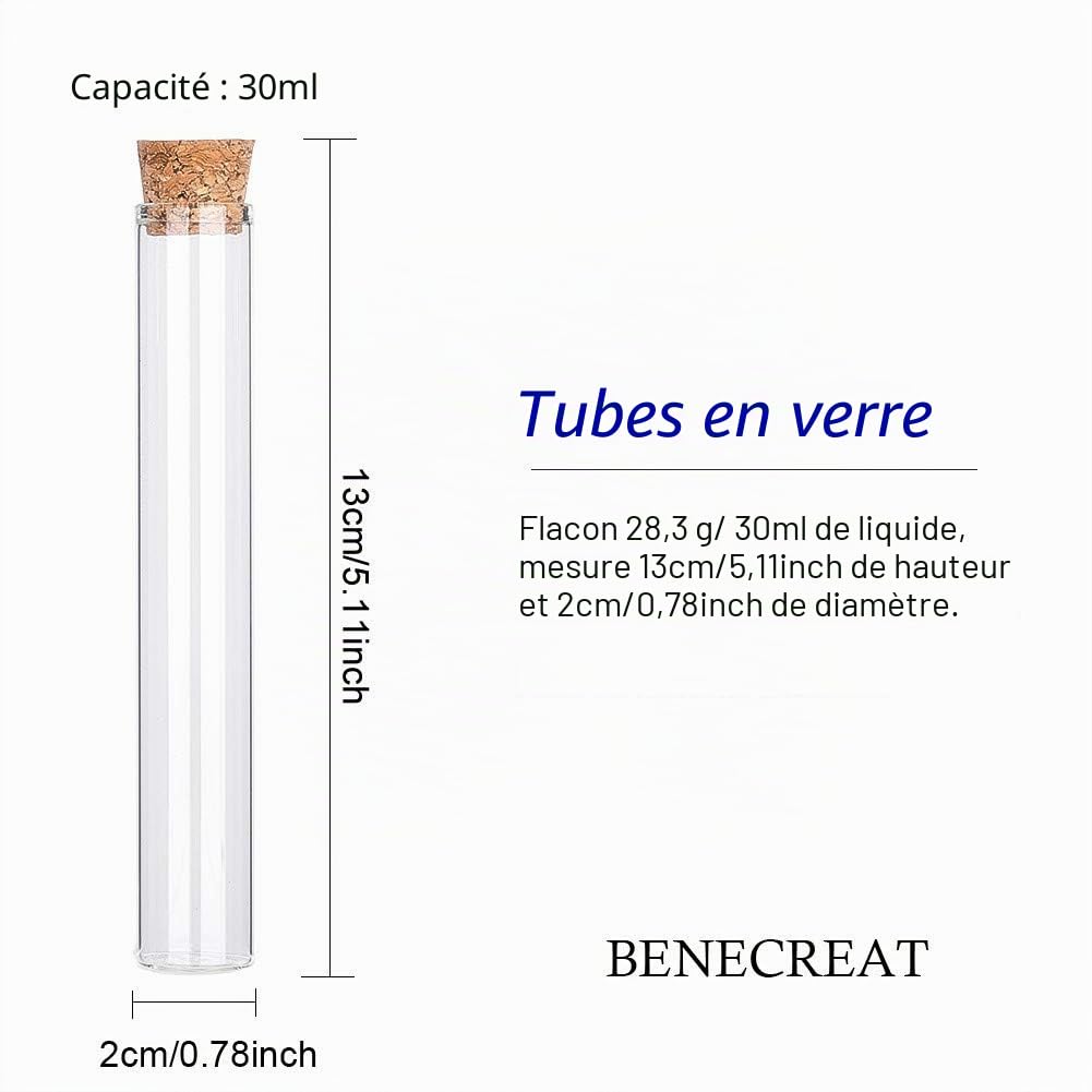 BENECREAT 20PCS 30ml Tube à essai en Verre avec Bouchon en liège Clair Plat Mini Bouteilles en Verre bocaux pour Laboratoire, Party Favors, Bonbons, Gumball, épices, Perles