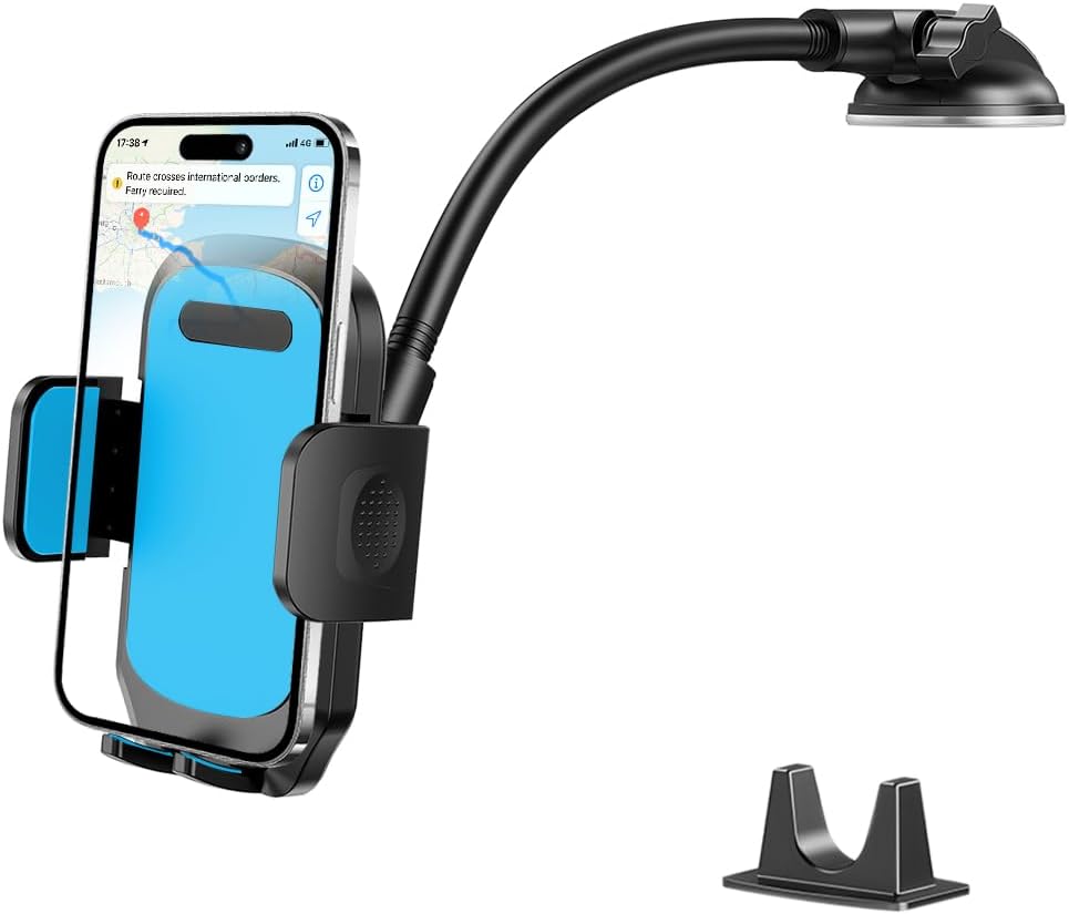 Car Windshield Phone Holder, 360° Rotation Strong Suction Cup Dashboard Mobile Phone Mount with Gooseneck Long Arm, Hands-Free Auto Cellphone Stand, Universal for Most Smartphones (Black/Blue)