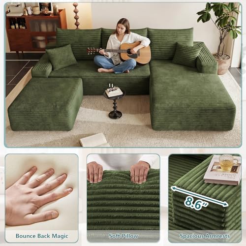 Image of 95 inch U-Shape Cloud Couch, Modern Modular Sectional L-Shape Sofa with Ottoman, Corduroy Upholstered Couches Deep Seat Sleeper Chaise Longue for Living Room, No Assembly Required(Green, Right Facing)