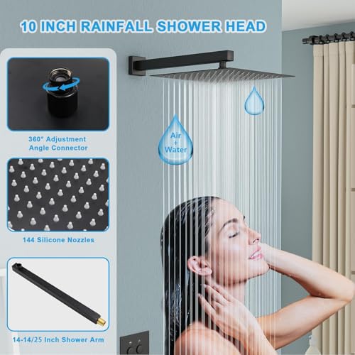 Lordear Rain Shower System - Lordear 10 Inch Rainfall Shower Head Faucet System Set Wall Mounted Matte Black Stainless Steel Square Shower Head with Handheld Combo, Brass Valve Included by Lordear - Image 3