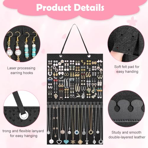Image of HASTHIP Hanging Jewelry Organizer for Earrings & Necklaces, Felt Display Holder with 140 Earring Holes & 16 Necklace Hooks, 57x34.5 cm