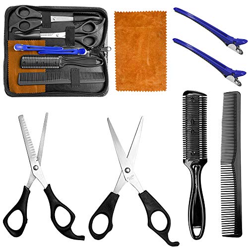 Set di forbici da taglio per capelli con forbici da taglio, forbici per sfoltire, pettine e fermagli per capelli con custodia in pelle per uso domestico