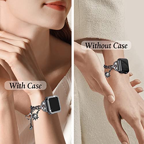 JOYOZY Band Compatible with Apple Watch 38mm 40mm 41mm 42mm 44mm 45mm 46mm, Bling Strap with Glitter Case Built-in Screen Protector, Interchangeable Charms Dressy Bracelet for Women