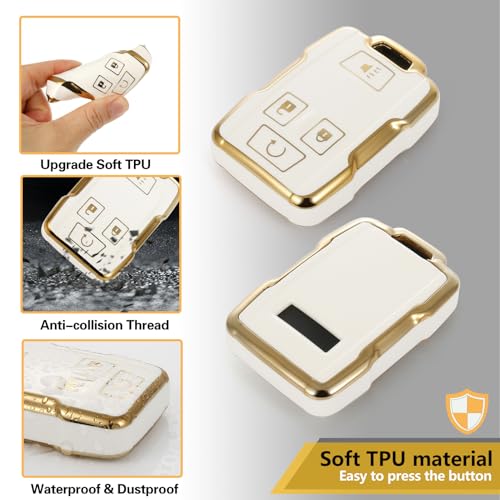 Image of Key Fob Cover for GMC, White Braided Loop Keychain, Gold Edge | Wear-resistant TPU shell, white PU braided short loop, daily splash, scratch and drop protection, normal signal use