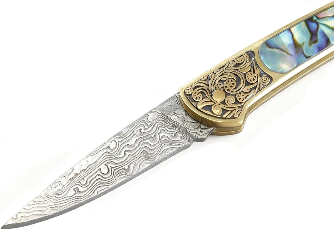 Damascus Portable EDC Folding Pocket Knife Abalone Shells Handle Small Knife Box Cutter Tools