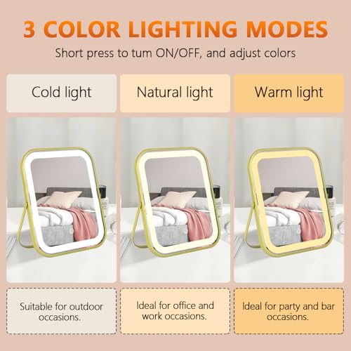 Gold Vanity Mirror with Lights,10"x8" Rechargeable LED Lighted Makeup Mirror, Large Makeup Mirror with Lights, Touch Screen with 3-Color Lighting, Dimmable, for Vanity Desk Tabletop, Bedroom