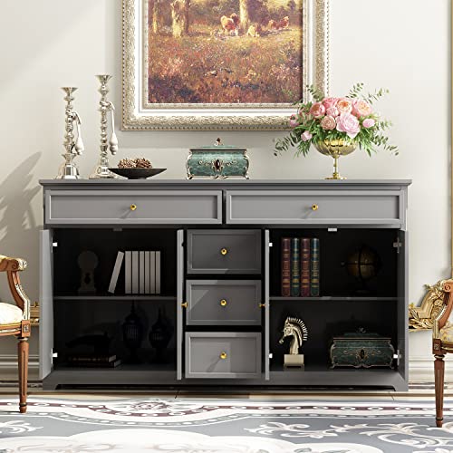 ECACAD-Sideboard-Buffet-Cabinet-with-4-Storage-Compartments-5-Drawers-Kitchen-Console-Table-Storage-Cabinet-Coffee-Bar-Accent-Cabinet-for-Living-Room-Hallway-Grey ECACAD Sideboard Buffet Cabinet with 4 Storage Compartments 5 Drawers Kitchen Console Table Storage Cabinet Coffee Bar Accent Cabinet for Living Room Hallway Grey