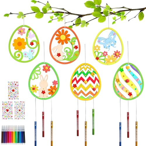 Ostern Bastelset Kinder DIY Windspiel, 12 Holzanhänger Mit 6 Motiven, Frühling Basteln ab 4 5 6 7 8 9 Jahre, Ostereier Zum Bemalen, Osterbasteln Mit Kindern, Ostergeschenke, Osterdeko Frühlingsdeko
