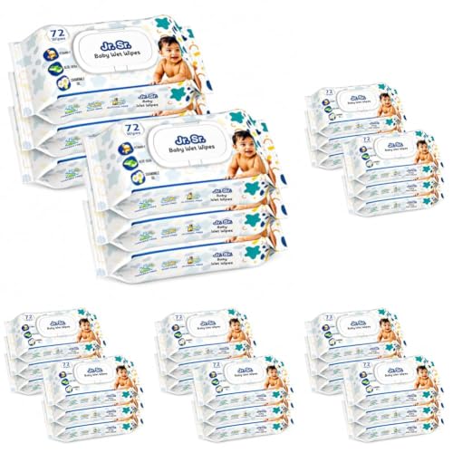 Image of Jr. Sr. Baby Wipes With Lid | 72 Wipes x Pack of 30, 432 Wipes | Safe & Moist Wet Wipes for Babies | Prevents Rashes & Redness with Goodness of Aloe Vera, Vitamin E & Chamomile Oil | No Paraben & No Alcohol