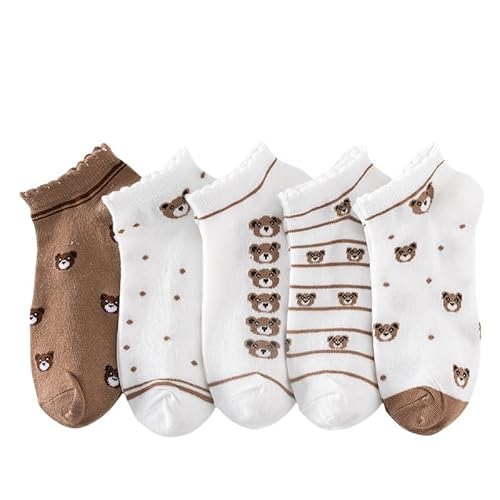 Rockreyoa 5 paia di calzini da donna traspiranti per piedi con volant, calzini corti in cotone, calzini alla caviglia, calzini sportivi estivi alla caviglia, calzini da ginnastica, Orsetto in pizzo