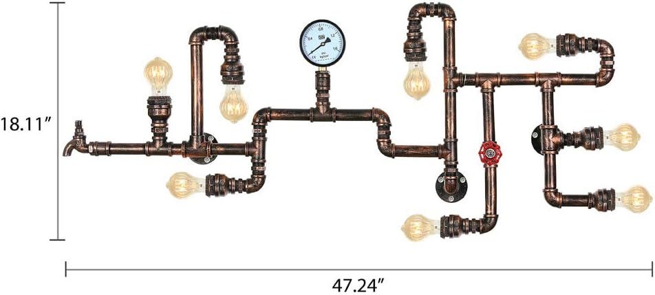 LITFAD Industrial Wall Sconce Vintage 47" Multi Lights Farmhouse Wall Light with 8 Lights and Water Pipe Bar Style Antique Wall Lamp for Living Room, Hallway, Restaurant