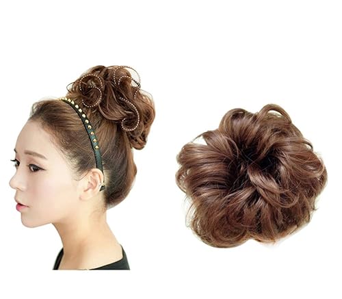 Extensiones de moño de pelo sintético rizado desordenado para mujer, color marrón claro