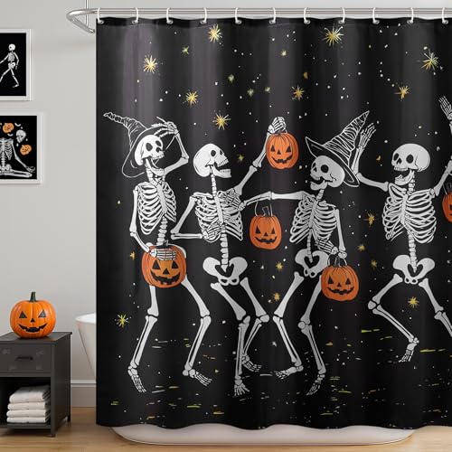 Halloween Shower Curtain: Spooky Dancing Ghosts with Pumpkins Halloween Shower Curtain Set with Hooks, Scary Skull Skeleton Bathroom Decorations for Window Home Farmhouse Indoor Decor, 72' x 72'