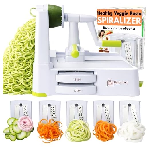 Brieftons 5-Blade Vegetable Spiralizer: Strongest-Heaviest Spiral Slicer, Best Veggie Pasta Spaghetti Maker for Low Carb/Paleo/Gluten-Free/Vegan Meals, With Extra Blade Caddy, 4 Recipe Ebooks