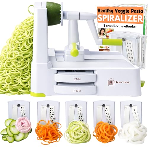 Brieftons 5-Blade Vegetable Spiralizer: Best Zucchini Spiral Slicer & Veggie Noodle Maker, Japanese Steel Blades, Strong Suction Cup, Blade Caddy, 4 Recipe eBooks | Low Carb, Vegan, Paleo, Gluten-Free by Brieftons - Used condition - US$26.75