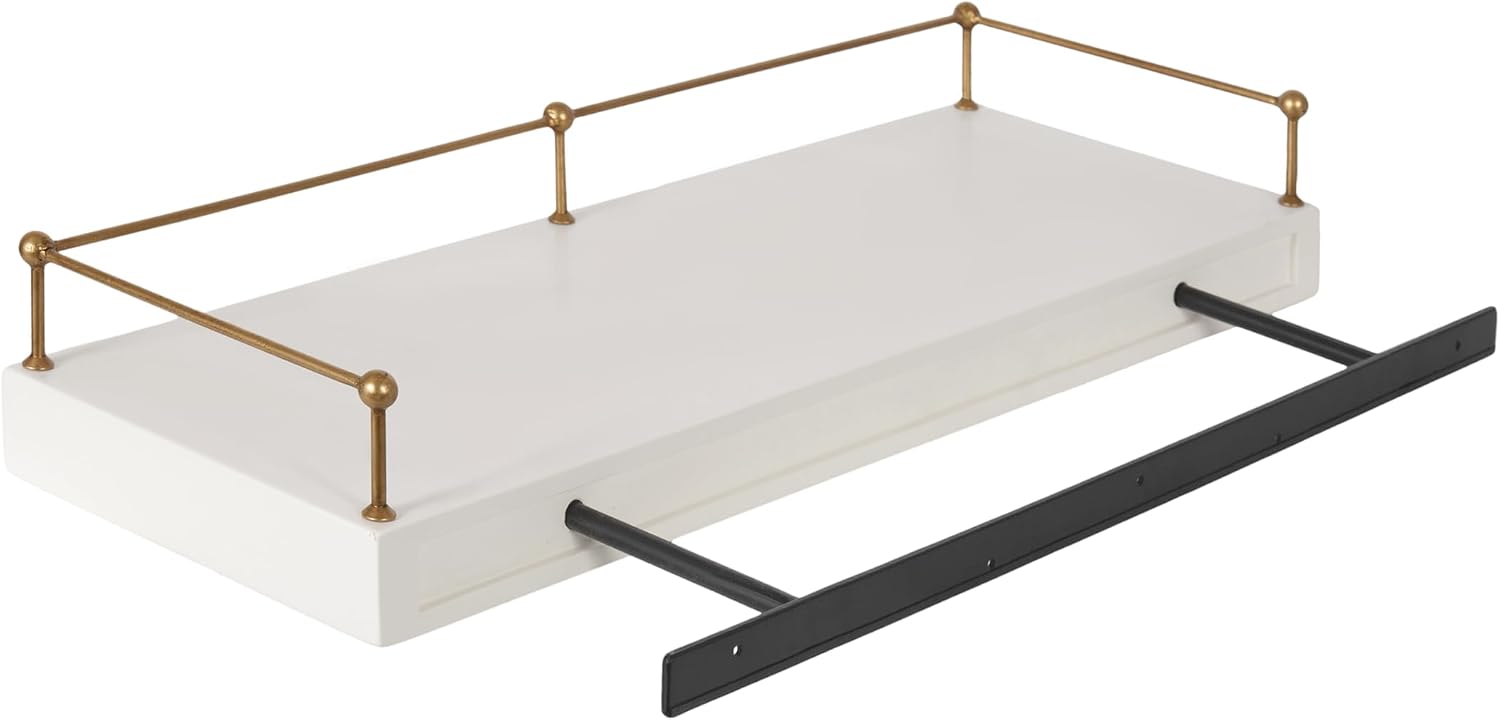 Kate and Laurel Havina Modern Natural Floating Shelves with Rail, Set of 2, 24 x 8, White and Gold, Functional Nursery Book Shelves or Bathroom Shelf Decor for Over Toilet Storage and Display