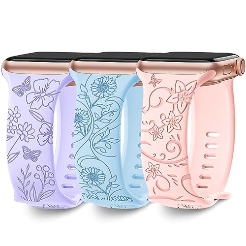 DigiHero Compatible with Apple Watch Strap 40mm 41mm 38mm 42mm 44mm 45mm 49mm, Soft Silicone Cute Wildflowers Sport Laser Strap for iWatch Bands Series Ultra SE 9 8 6 5 4 3.Floral Engraved 3 Pack G