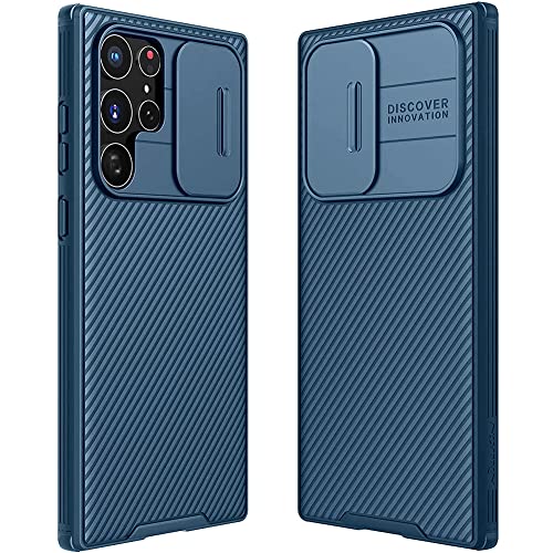 E-Lush Funda Compatible con Samsung Galaxy S22 Ultra 5G, Tapa Deslizante para la cámara Carcasa para Samsung S22 Ultra 5G Protección de Cámara Cubierta Rígida PC Anti-Golpes Protectora Caso Azul Cover