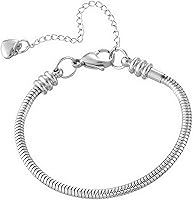 TGLS Women's 3mm Stainless Steel Snake Chain Charm Bracelet - Hypoallergenic, Adjustable, Fits European Beads