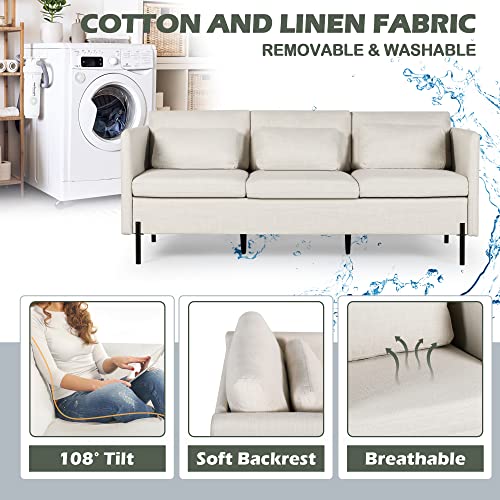 Linlux 70'' Modern Upholstered Sofa Couch 3 Seater Couches For Living Room Sectional Sofas W/3 Pillows And Iron Legs, Linen Fabric Couch For Small Spaces,Bedroom,Apartment,Dorm,Office,Light Beige #TOP6