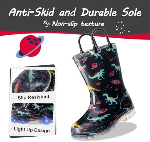 Toddler Rain Boots Kids Light Up Rain Boots for Boys Dinosaur Waterproof Patterns Rainboot with Easy Pull On Handles, Little Kid Size 12 — view 2