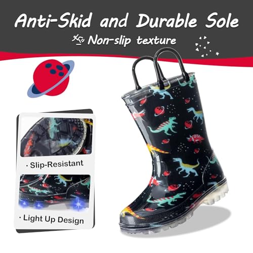 Kids Toddler Rain Boots – Light Up Waterproof Dinosaur Shoes with Easy-On Handles, Size 13 angle 3