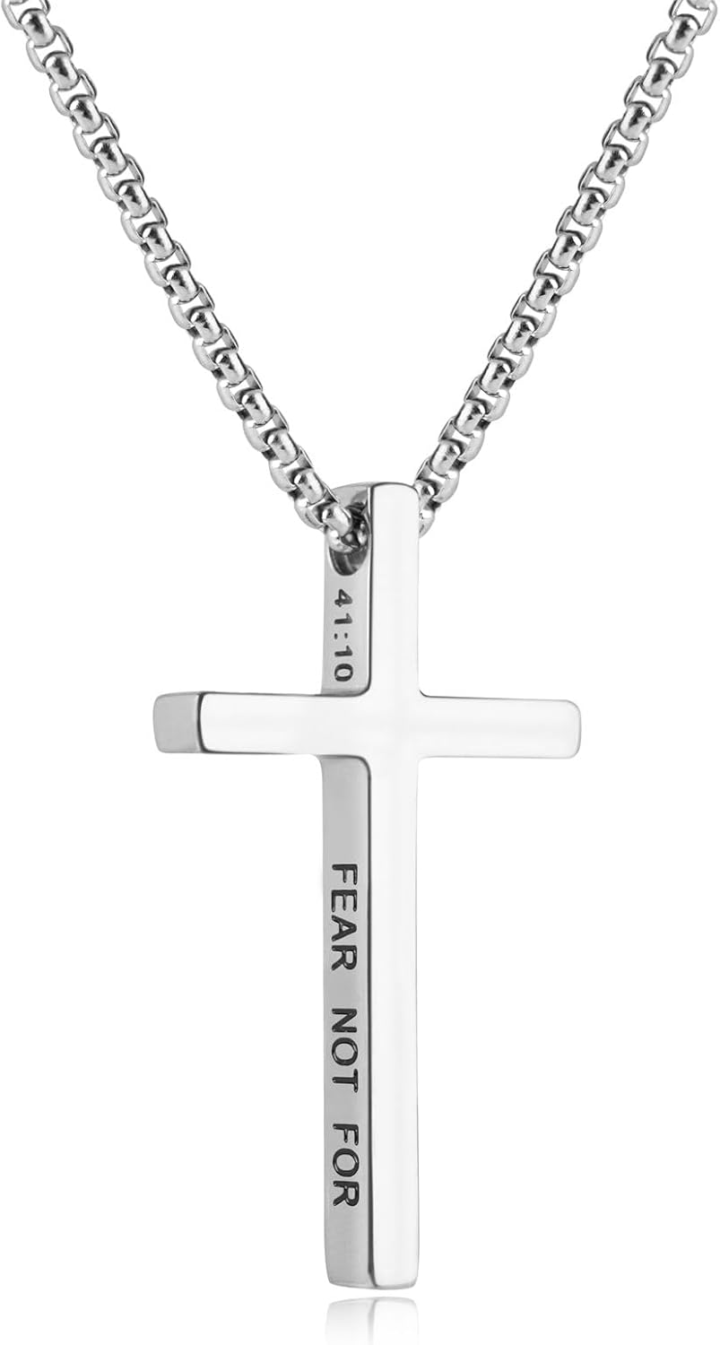Pivza Stainless Steel Men's Cross Necklace with Scripture | 20/22/24 Inch Silver Chain | Inspirational Bible Verse Pendant | Durable & Stylish Christian Jewelry