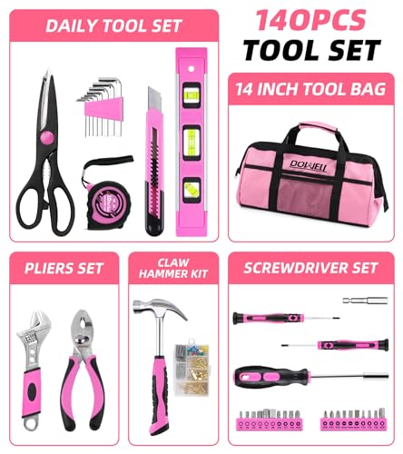 Image of DOWELL Pink Tool Kit 140PCS for Women, Girls, Ladies, Household Tool Set