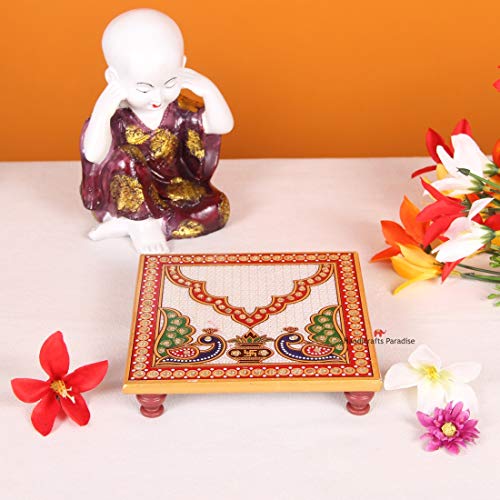 Handicrafts Paradise Puja Chowki Square Shape In Marble With Kalash And Peacock Design #TOP2