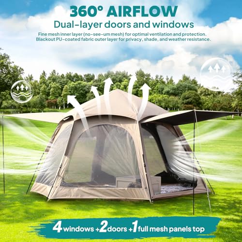 Chihee Camping Tents Pop Up Hexagonal Tent Easy Setup Instant PU Coated Polyester Family Cabin with Rainfly Waterproofing UV Protection Winproof Outdoor Shelter 2 Doors 4 Windows Mesh Ventilation - Image 5