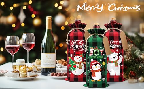 Bolsas de vino de Navidad de arpillera con cordón protector y diseño navideño a cuadros 5