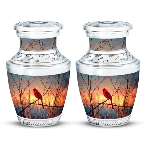 Image of Cardinal Bird Urn Small Funeral Urn for Adult Male & Female 3 Inch 2 Pcs | Small Funeral Urn for Ashes Adult Male & Female Miniature Cremation Urns for Men Little Burial Urns