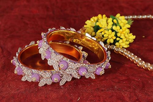 Image of LAVAZZA Stylish Butterfly Design Golden Metal with Zircon Diamond & Pearls Moti Bangles Kada For Women & Girls | Traditional Girl's Bangles Bracelet | Women's Kangan Wedding, Party-Set of 2