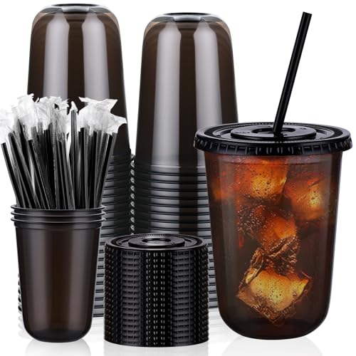 tchrules 50 Set 16oz Black Plastic Cups with Lids & Straws Disposable Iced Coffee Cup with Lid Round Bottom Plastic To Go Cups for Cold Drinks Slushie Smoothie Lemonade Soda Bar Party Shop Supplies