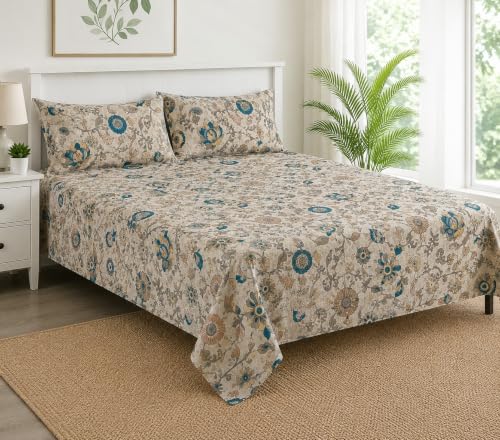 Image of Trance Home Linen 100% Cotton Bedsheet | Queen Size Printed Flat Bedsheet with 2 Pillow Covers (Queen 86x104 inch, Kalamkari Teal)