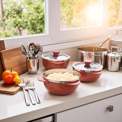 Image of Premium Stainless Steel Bowl Set of 3 | Microwave Safe Bowls with Lids | Mixing & Serving Bowls for Kitchen | Multi-Purpose Serving Bowls for Salad, Rice, Desert, Bowl Set - Multicolor