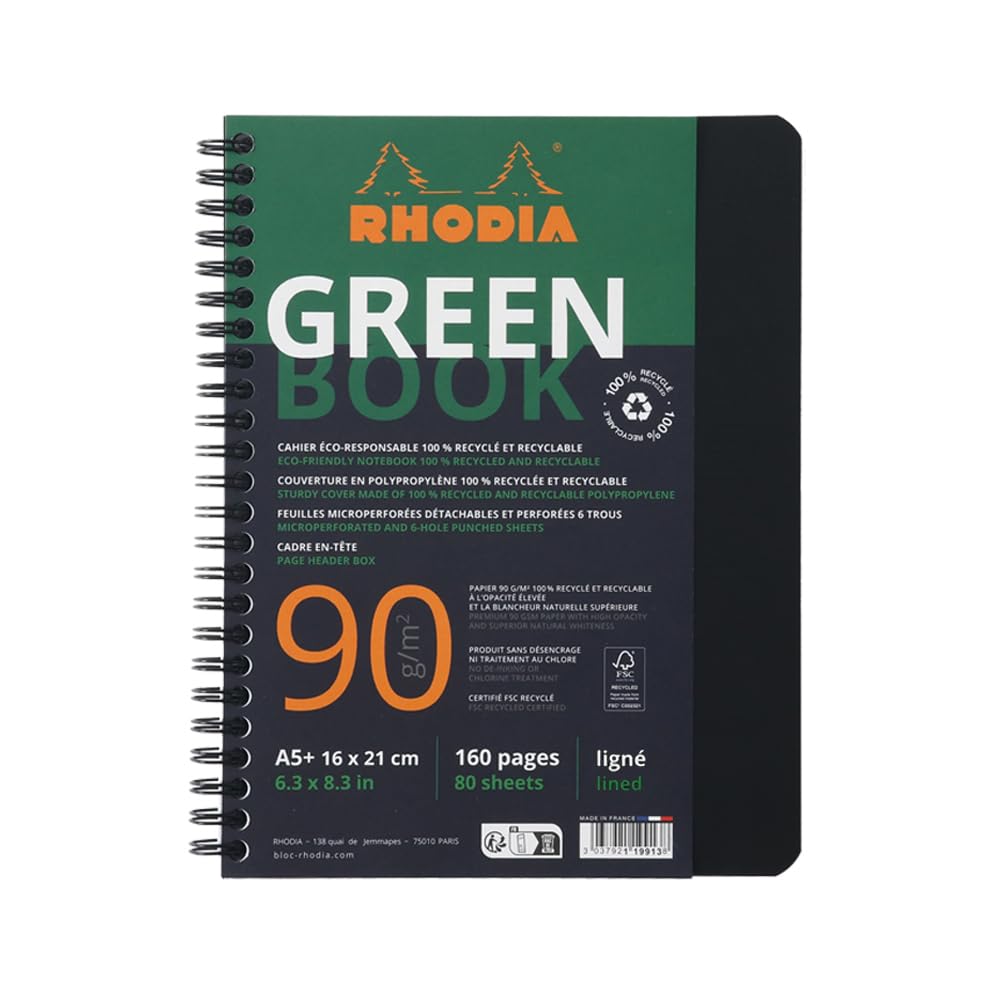 RHODIA 119915C - Greenbook notebook 100% Recycled A5+ 16 x 21 cm - Ruled -160 tear-off pages 6-hole punched - Recycled 90 gsm FSC® paper - Black Polypro